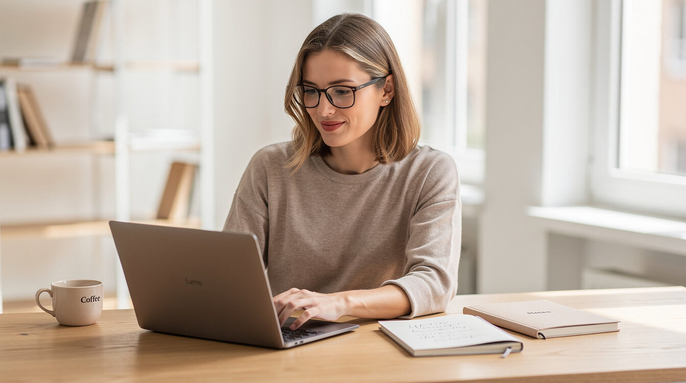 Rédactrice suisse travaillant sur un article de blog sur son ordinateur
