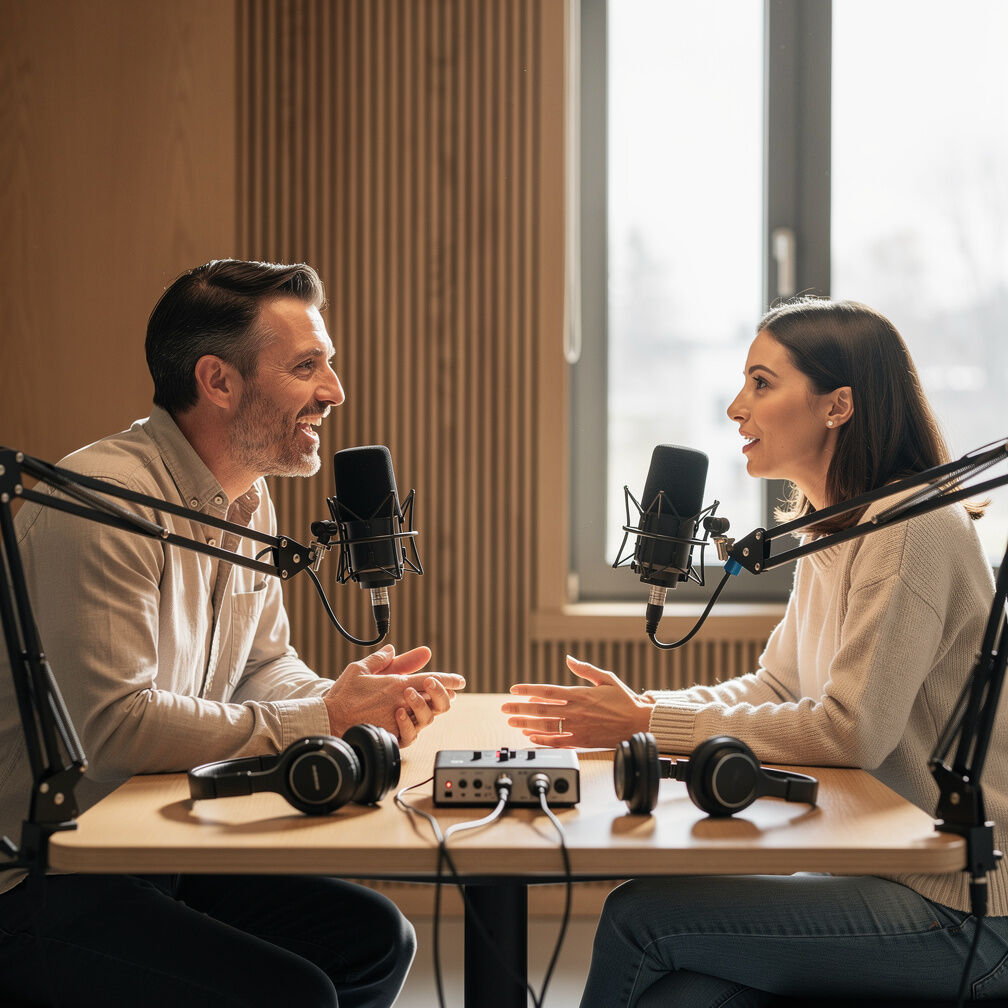 Deux animateurs suisses enregistrant un podcast ensemble