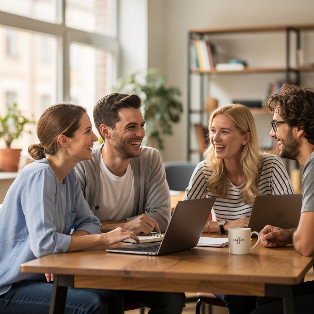 Small group of colleagues laughing together around a table
