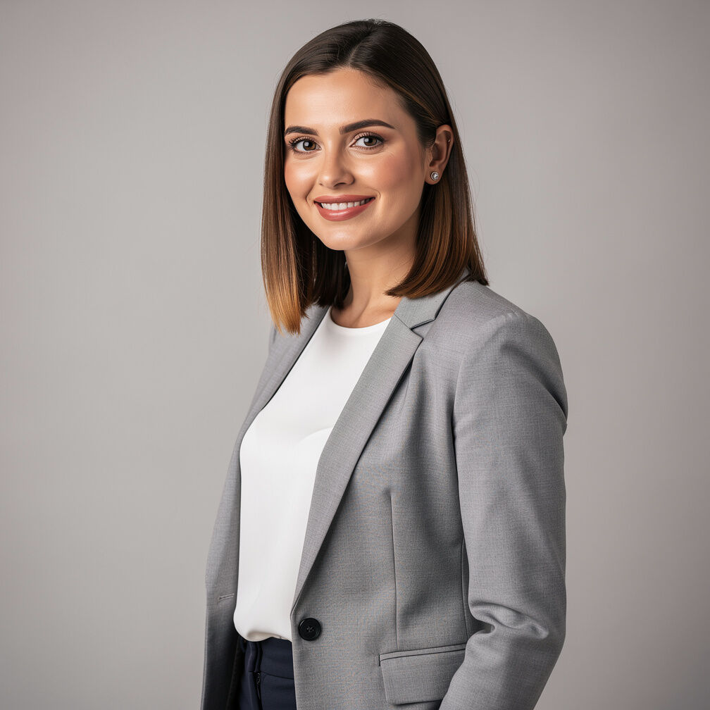 Studio portrait of a smiling young woman with brown hair