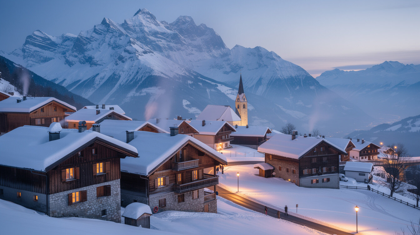 Snow covered Swiss mountain village at dusk